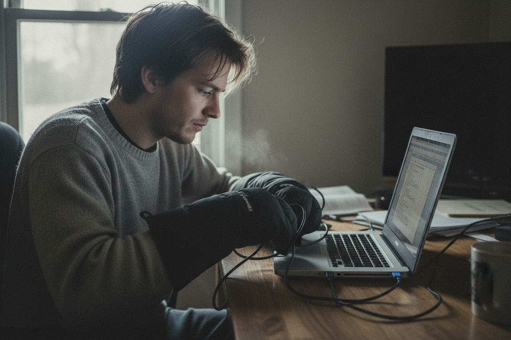 wygeneruj mi zdjecie ziomka ktory podlacza rekawiczki do laptopa żeby mu je pogdgrzały ręce takie słabe zdjęcie 