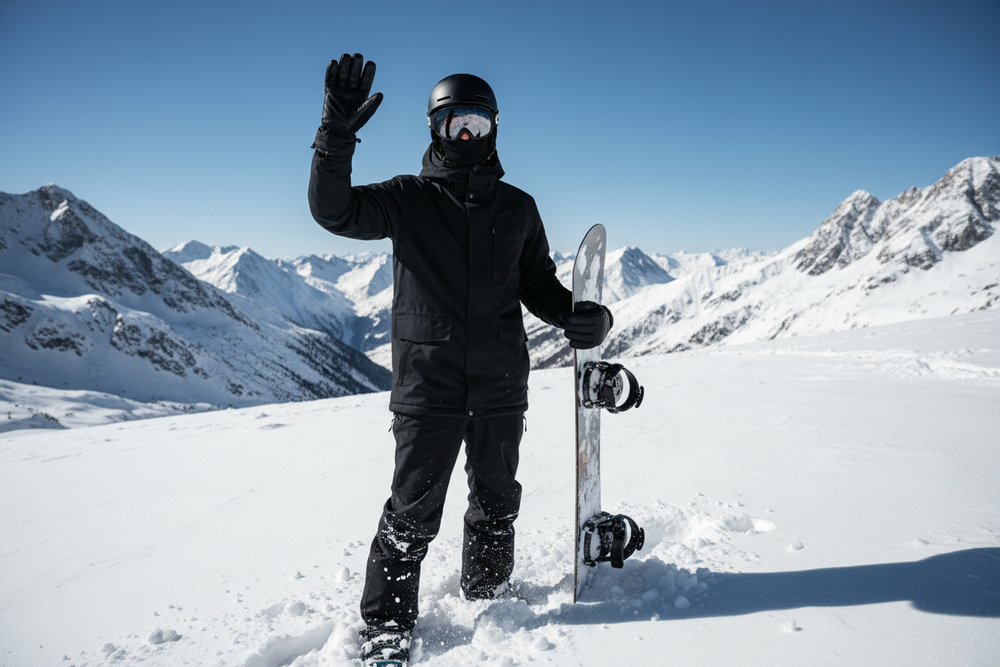 wygeneruj mi ziomka machającego który jest w górach na snowboardzie w czarnych rękawiczkach całe czarne nic świecącego